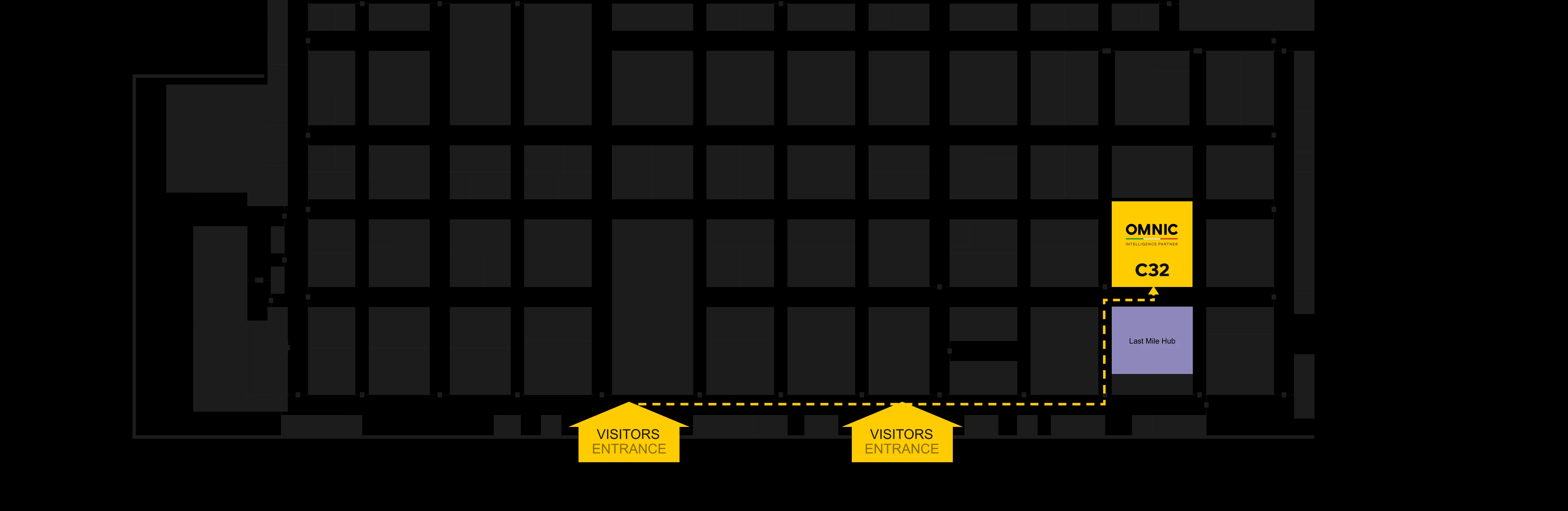 ExCeL London floor map — OMNIC stand C32, next to Last Mile Hub, near visitors entrance